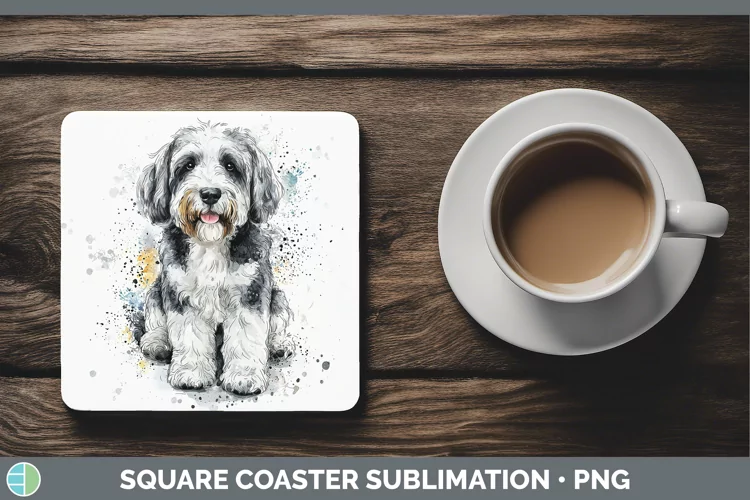 Watercolor Splash Old English Sheepdog Square Coaster Sublim