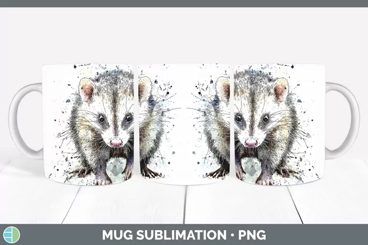 Watercolor Splash Opossum Mug Wrap Sublimation Coffee Cup De