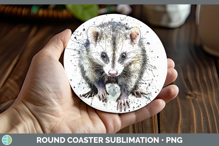 Watercolor Splash Opossum Round Coaster Sublimation Coaster