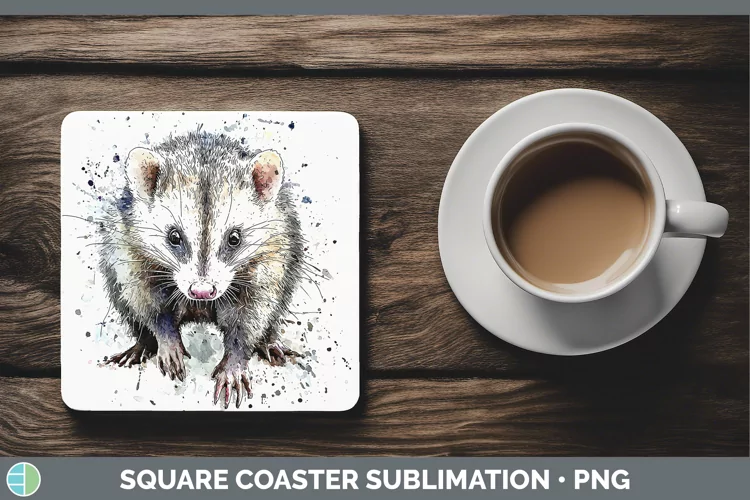 Watercolor Splash Opossum Square Coaster Sublimation Coaster