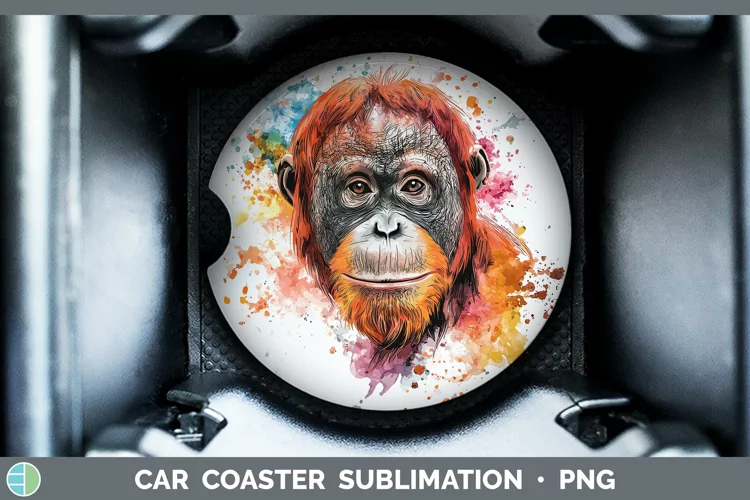 Watercolor Splash Orangutan Car Coaster Sublimation Designs