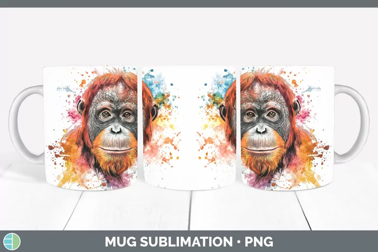 Watercolor Splash Orangutan Mug Wrap Sublimation Coffee Cup