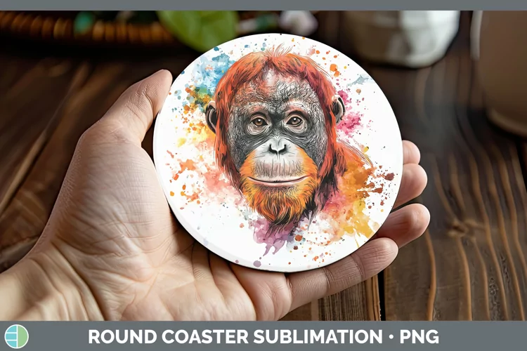 Watercolor Splash Orangutan Round Coaster Sublimation Coaste