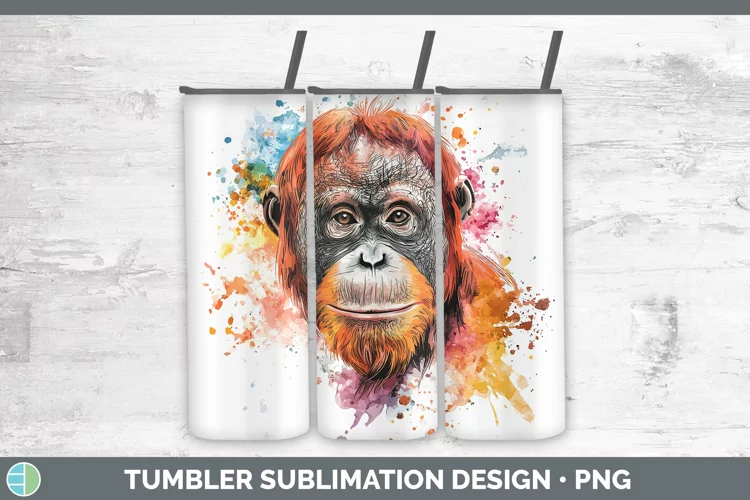Watercolor Splash Orangutan Tumbler Sublimation 20 oz Skinny
