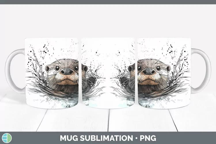 Watercolor Splash Otter Mug Wrap Sublimation Coffee Cup Desi