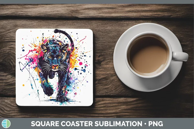 Watercolor Splash Panther Square Coaster Sublimation Coaster