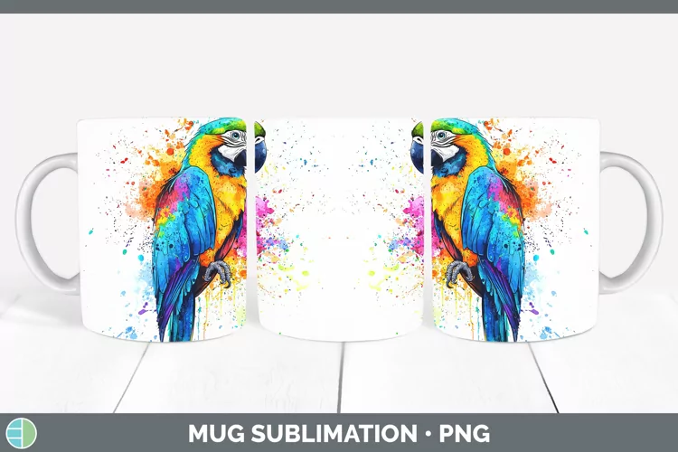 Watercolor Splash Parrot Mug Wrap Sublimation Coffee Cup Des