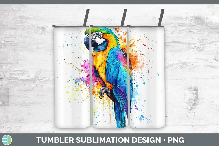Watercolor Splash Parrot Tumbler Sublimation 20 oz Skinny Tu