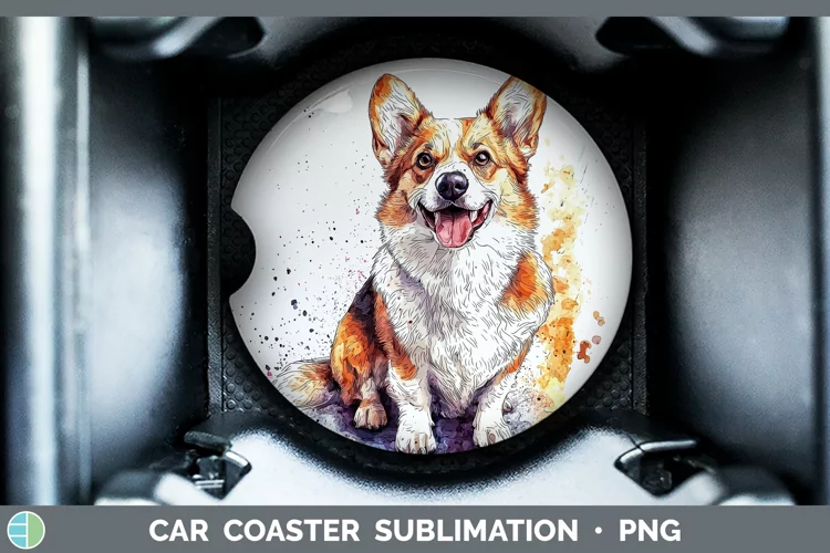 Watercolor Splash Pembrook Corgi Car Coaster Sublimation De