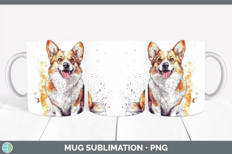 Watercolor Splash Pembrook Corgi Mug Wrap Sublimation Coffee