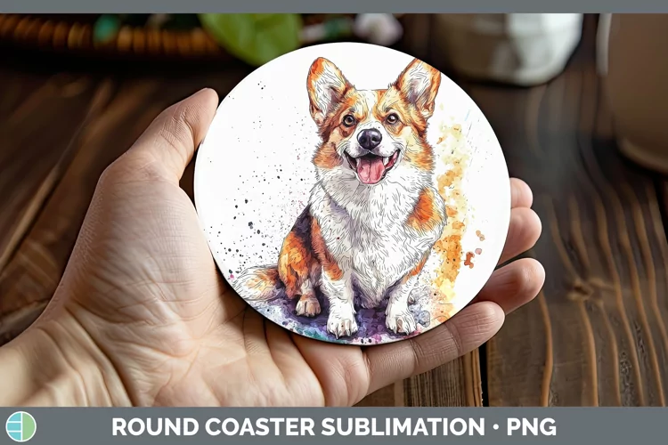 Watercolor Splash Pembrook Corgi Round Coaster Sublimation C