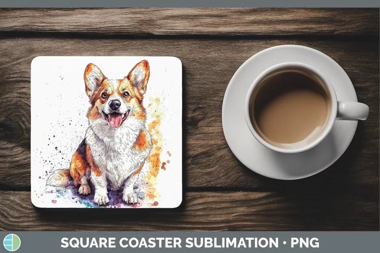 Watercolor Splash Pembrook Corgi Square Coaster Sublimation