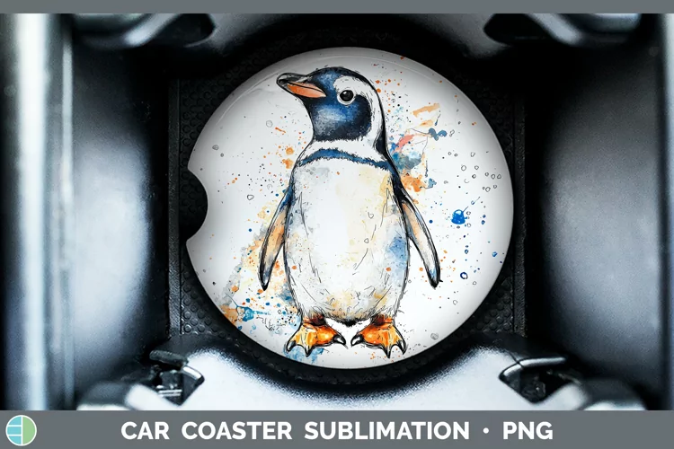 Watercolor Splash Penguin Car Coaster Sublimation Designs