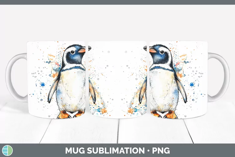 Watercolor Splash Penguin Mug Wrap Sublimation Coffee Cup De