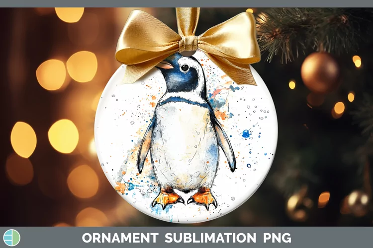 Watercolor Splash Penguin Ornament Sublimation Bauble Design