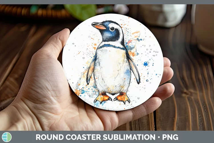 Watercolor Splash Penguin Round Coaster Sublimation Coaster