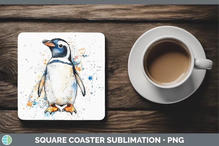 Watercolor Splash Penguin Square Coaster Sublimation Coaster