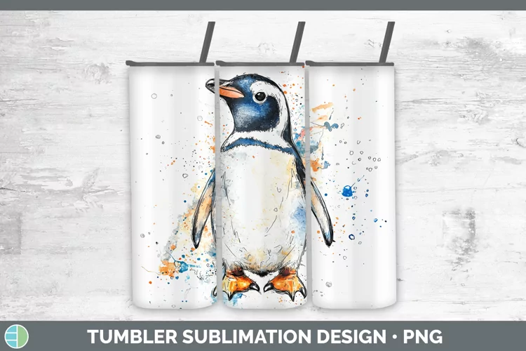 Watercolor Splash Penguin Tumbler Sublimation 20 oz Skinny T