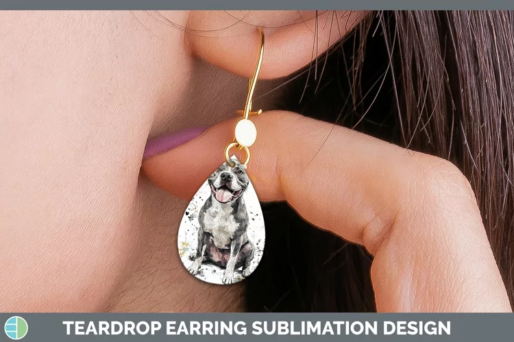 Watercolor Splash Pit Bull Teardrop Earrings Sublimation Ear