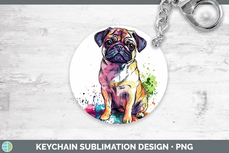 Watercolor Splash Pug Keychain Sublimation Keyring Designs