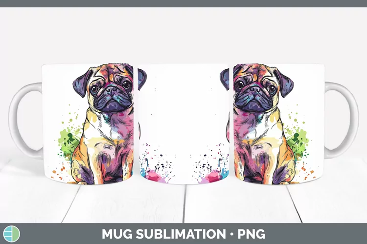 Watercolor Splash Pug Mug Wrap Sublimation Coffee Cup Design