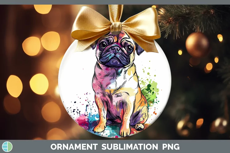 Watercolor Splash Pug Ornament Sublimation Bauble Designs