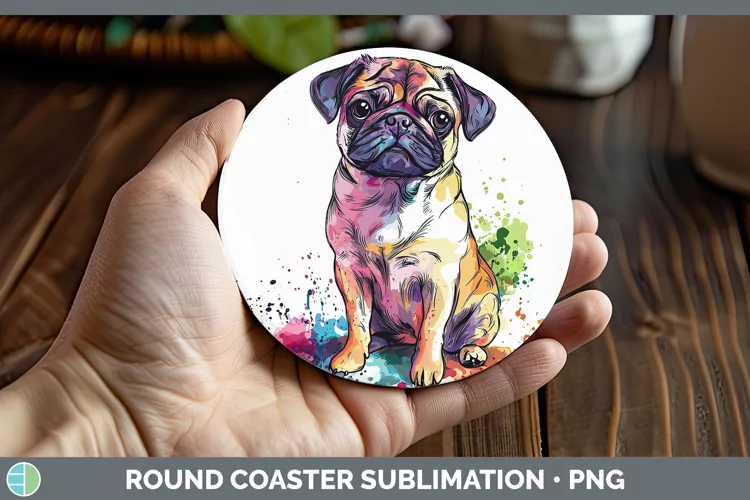 Watercolor Splash Pug Round Coaster Sublimation Coaster Desi