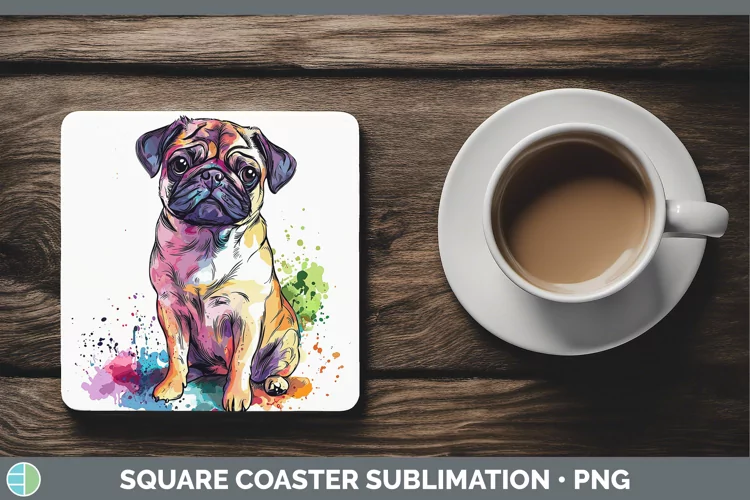 Watercolor Splash Pug Square Coaster Sublimation Coaster Des
