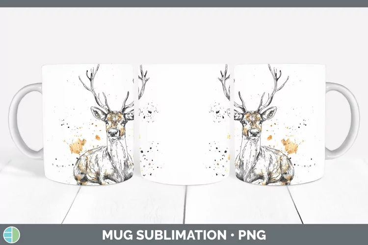 Watercolor Splash Reindeer Mug Wrap Sublimation Coffee Cup D