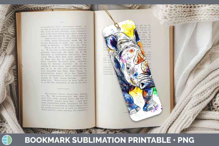 Watercolor Splash Rhino Bookmark Sublimation Printable Desig