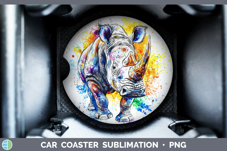 Watercolor Splash Rhino Car Coaster Sublimation Designs