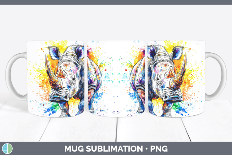 Watercolor Splash Rhino Mug Wrap Sublimation Coffee Cup Desi