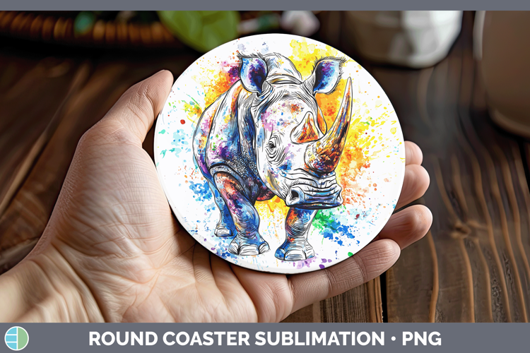 Watercolor Splash Rhino Round Coaster Sublimation Coaster De