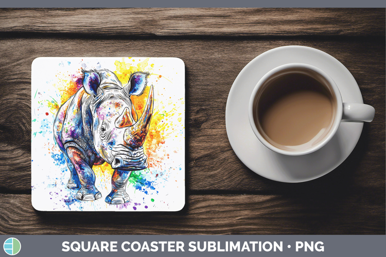Watercolor Splash Rhino Square Coaster Sublimation Coaster D