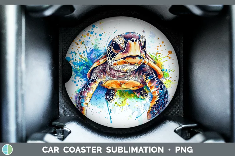 Watercolor Splash Sea Turtle Car Coaster Sublimation Design