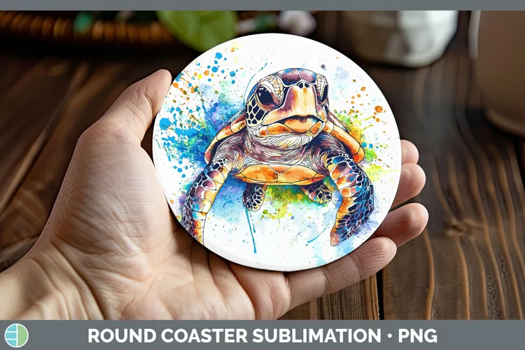 Watercolor Splash Sea Turtle Round Coaster Sublimation Coast
