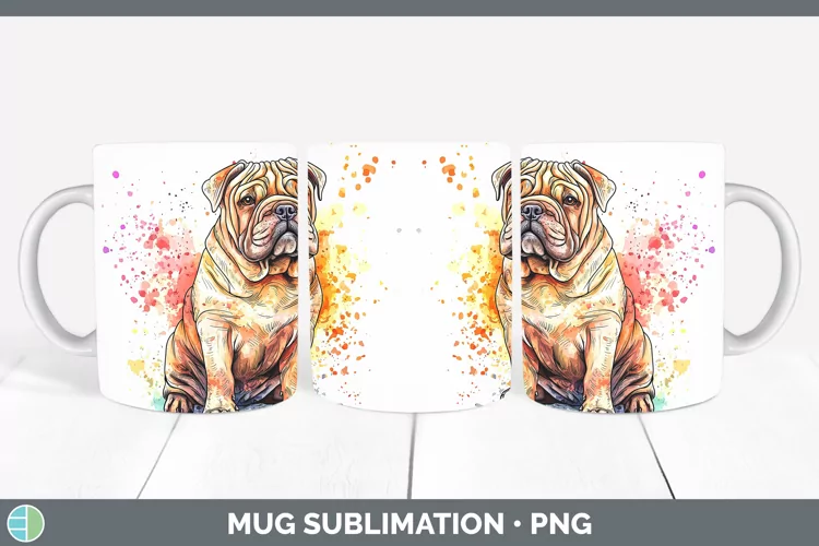 Watercolor Splash Shar Pei Mug Wrap Sublimation Coffee Cup D