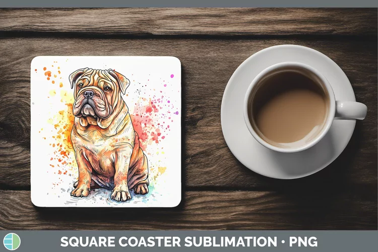Watercolor Splash Shar Pei Square Coaster Sublimation Coaste