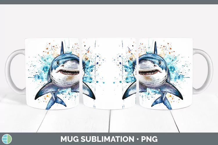 Watercolor Splash Shark Mug Wrap Sublimation Coffee Cup Desi