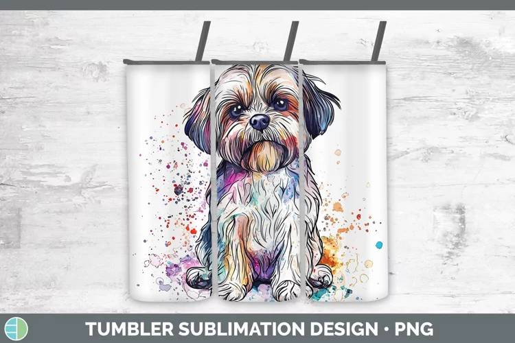 Watercolor Splash Shih Tzu Tumbler Sublimation 20 oz Skinny