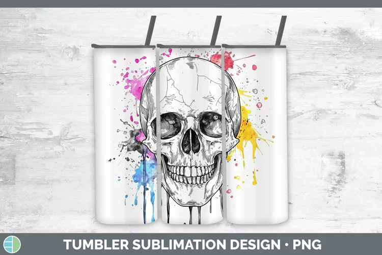 Watercolor Splash Skull Tumbler Sublimation 20 oz Skinny Tum