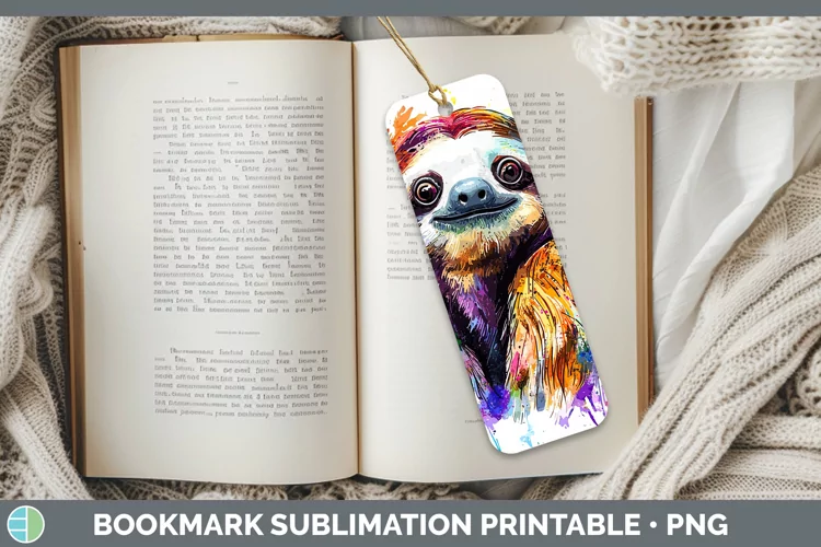 Watercolor Splash Sloth Bookmark Sublimation Printable Desig