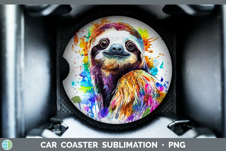 Watercolor Splash Sloth Car Coaster Sublimation Designs