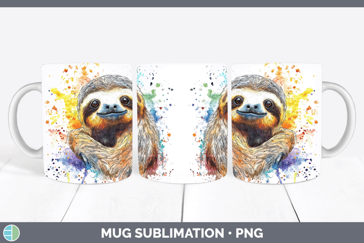 Watercolor Splash Sloth Mug Wrap Sublimation Coffee Cup Desi