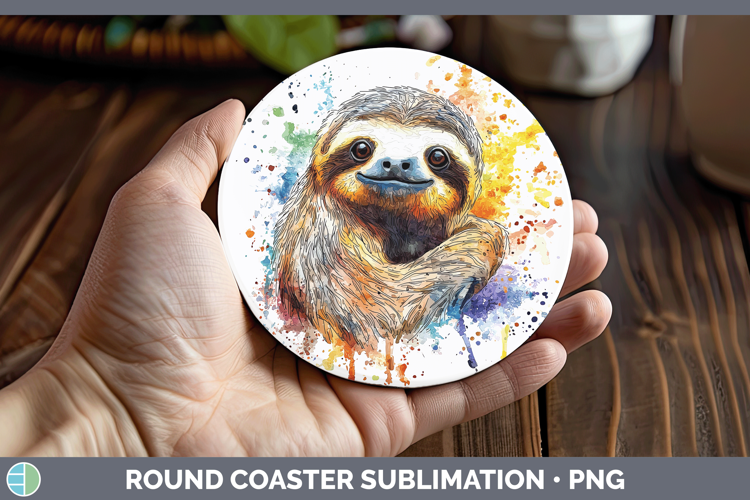 Watercolor Splash Sloth Round Coaster Sublimation Coaster De