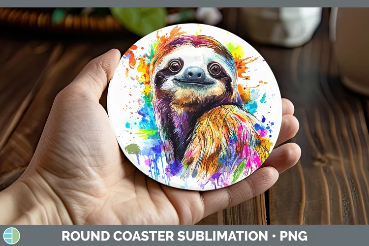 Watercolor Splash Sloth Round Coaster Sublimation Coaster De