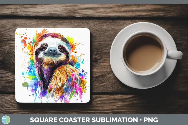 Watercolor Splash Sloth Square Coaster Sublimation Coaster D