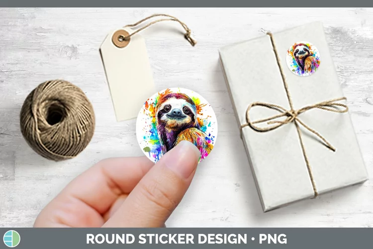 Watercolor Splash Sloth Stickers | Round Labels Designs