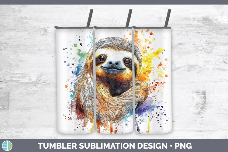 Watercolor Splash Sloth Tumbler Sublimation 20 oz Skinny Tum