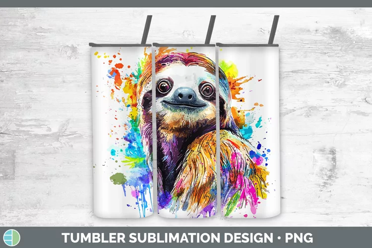 Watercolor Splash Sloth Tumbler Sublimation 20 oz Skinny Tum